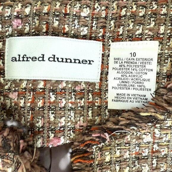 Alfred Dunner Tweed Jacket Fringe Womens Sz 12 Collarless Brown Pink White - Picture 5 of 8